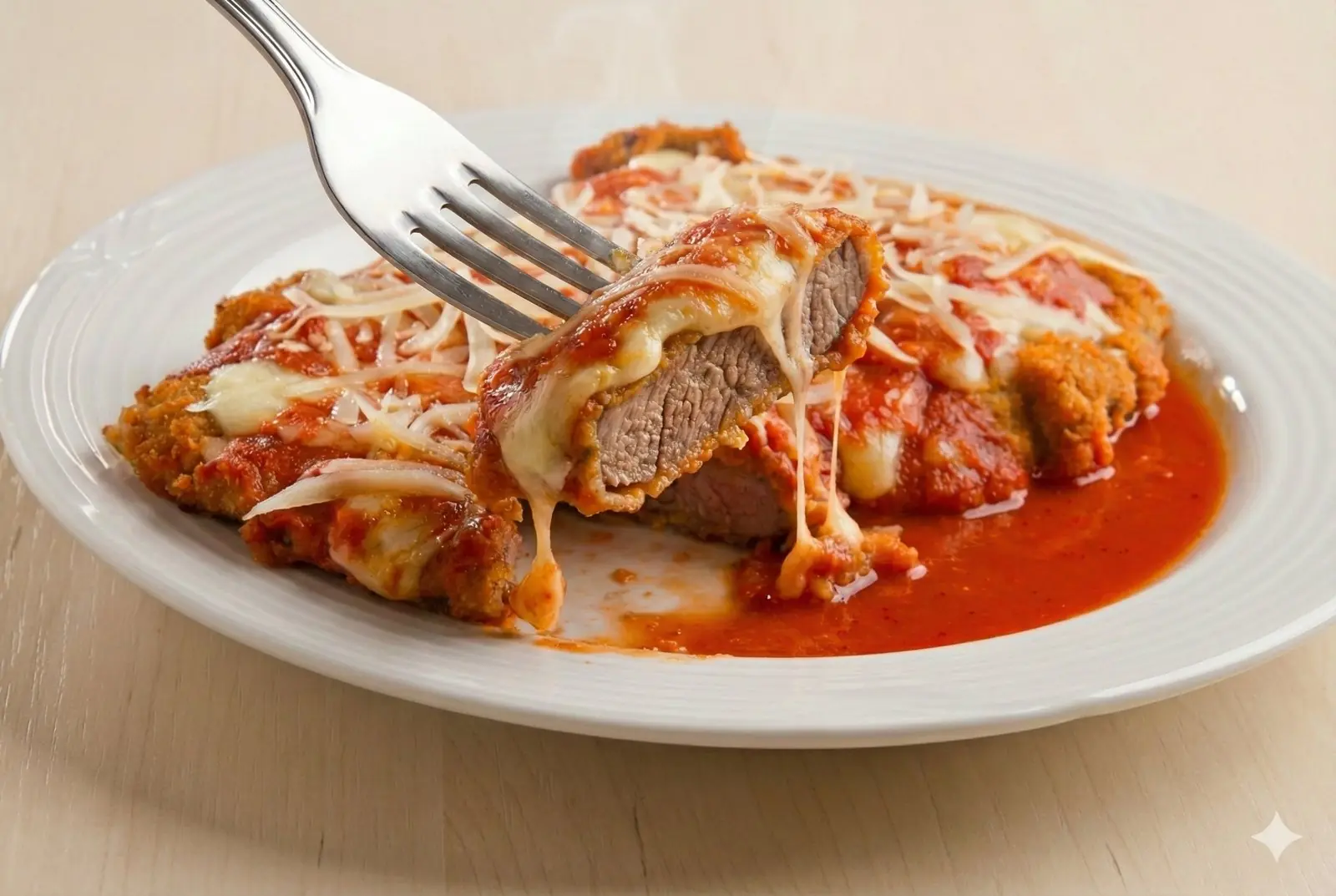 Parmegiana de mignon coberta de queijo e pomodoro, com um garfo cortando