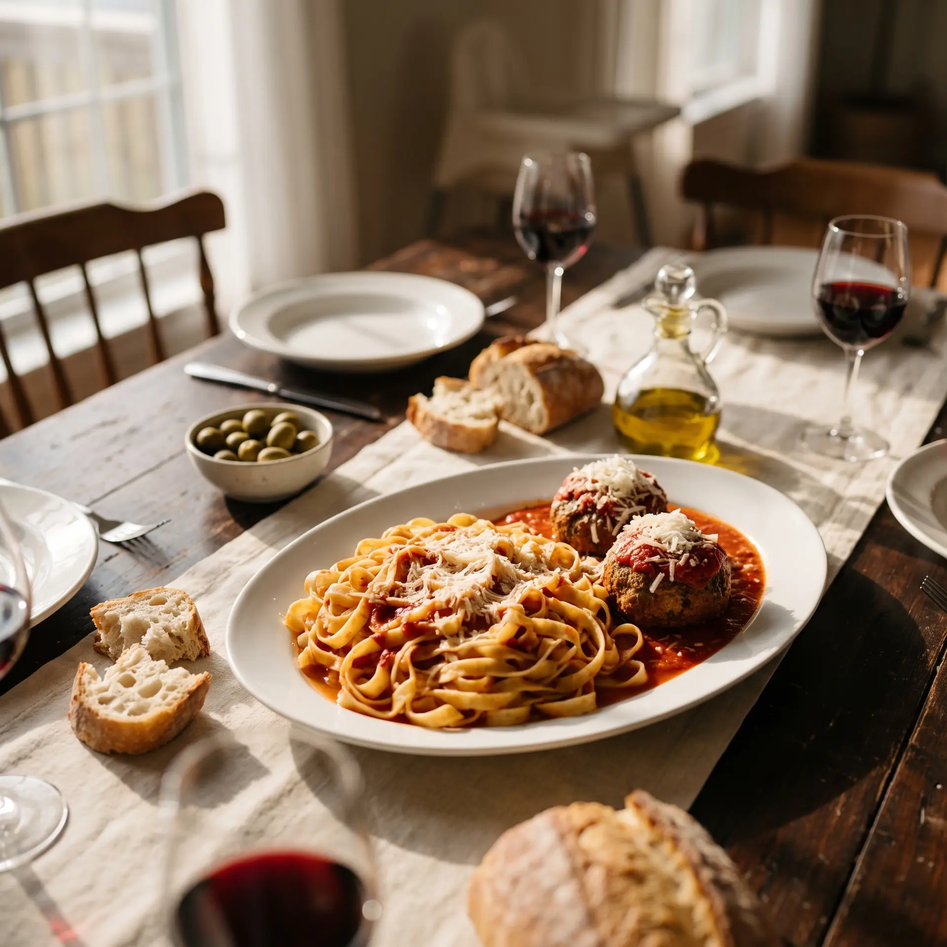 Mesa de domingo do Primo: spaghetti com almôndegas, pão, azeitonas e vinho
