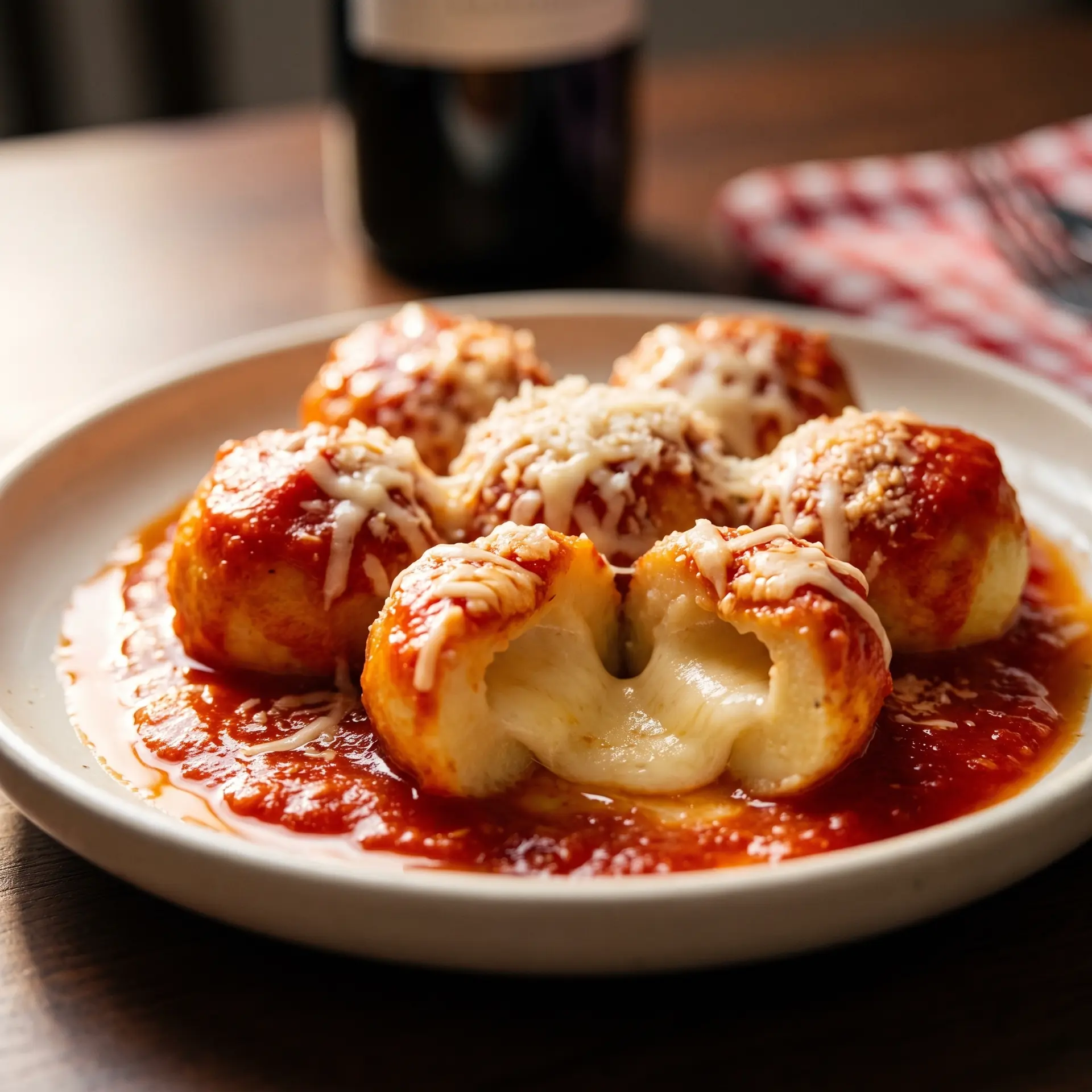 Nhoque romanito recheado de queijo ao pomodoro, gratinado com parmesão, num prato branco