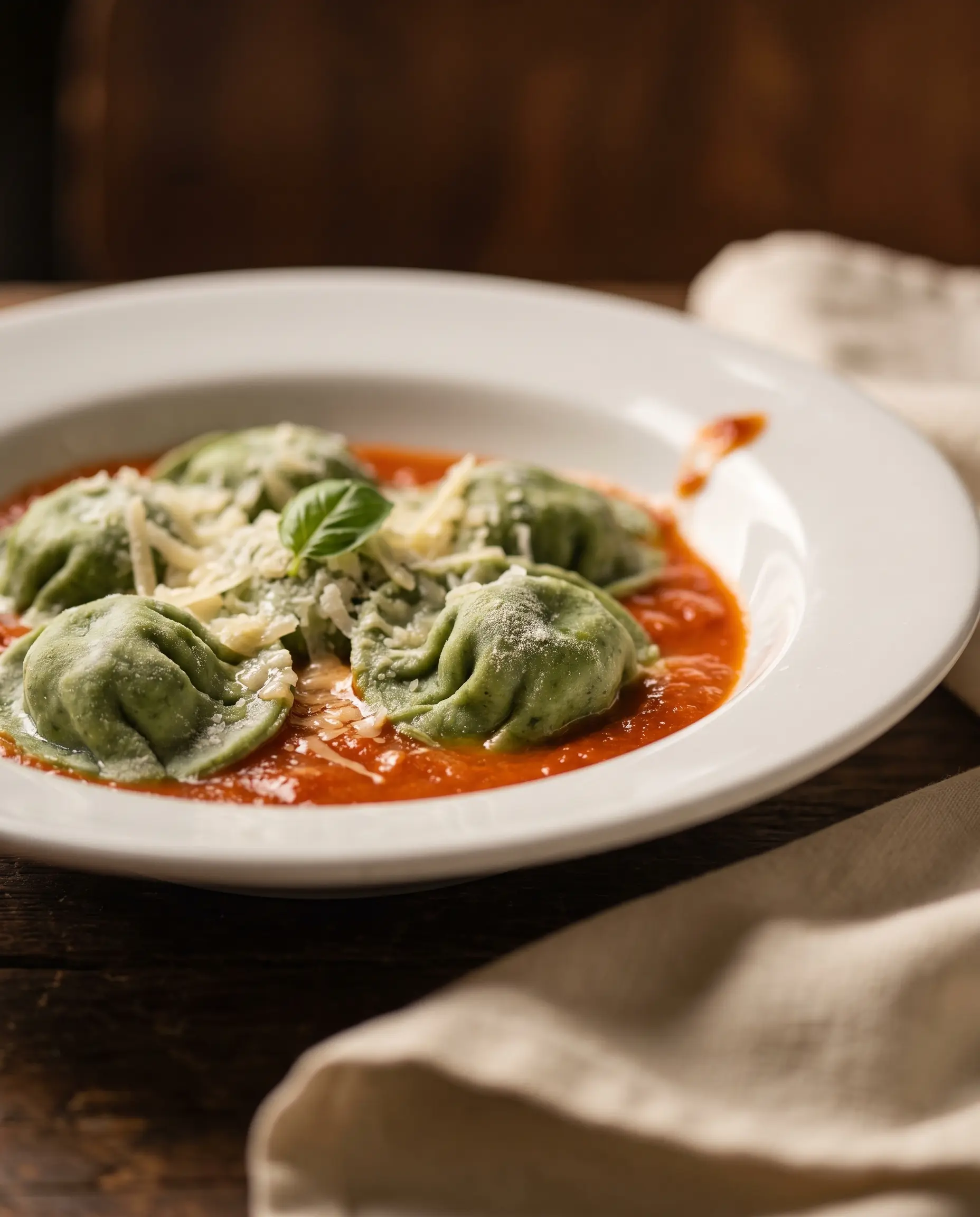Sorrentino verde de espinafre cozido, servido no pomodoro com parmesão e manjericão