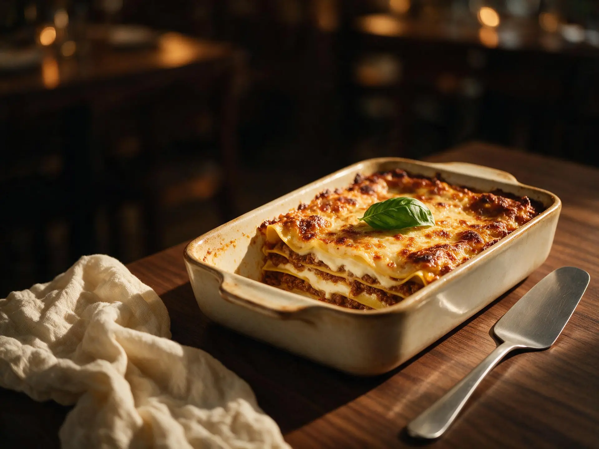Lasanha à bolonhesa, servido à mesa