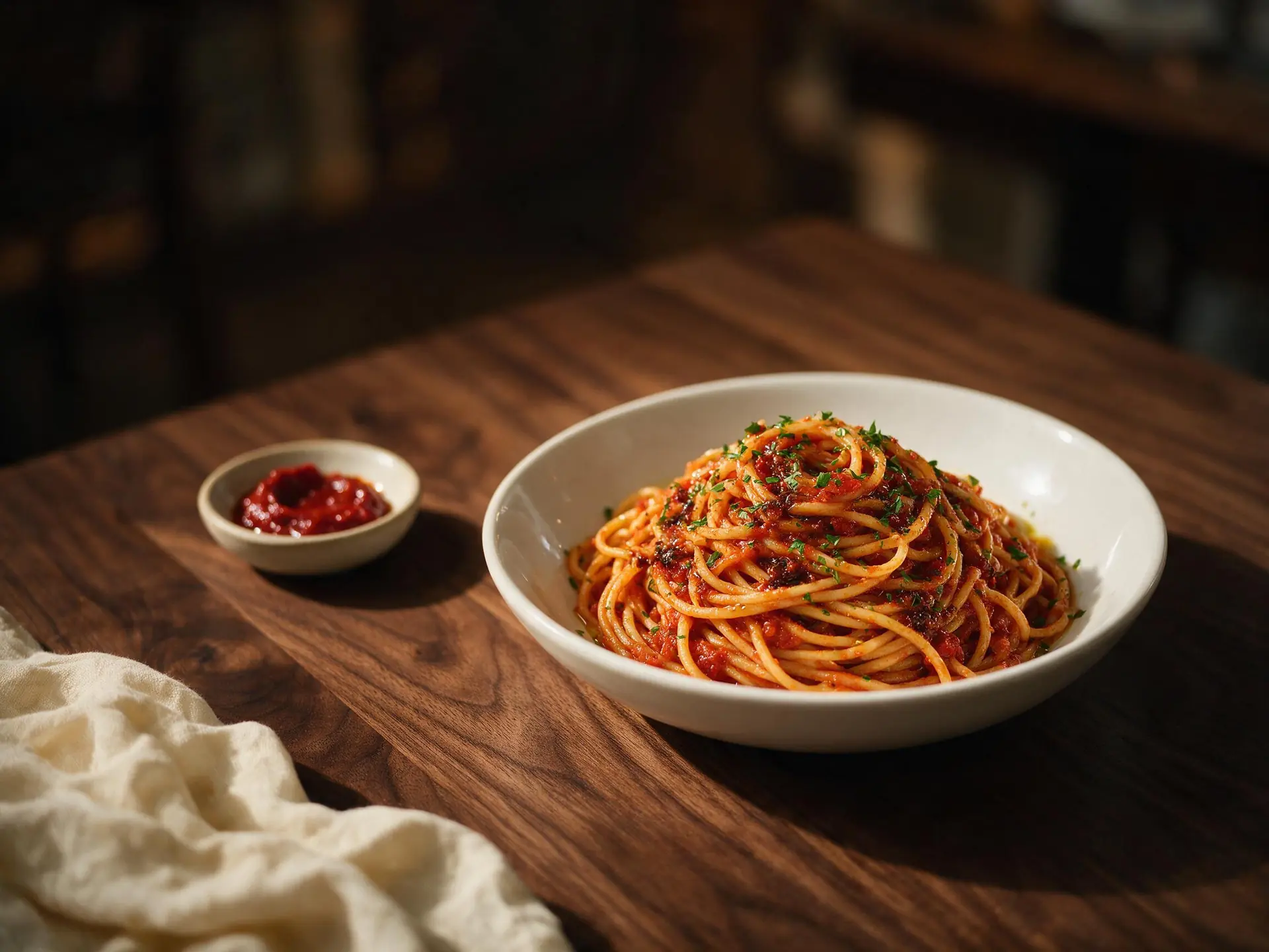 Spaghetti à tomatada com sardella, servido à mesa