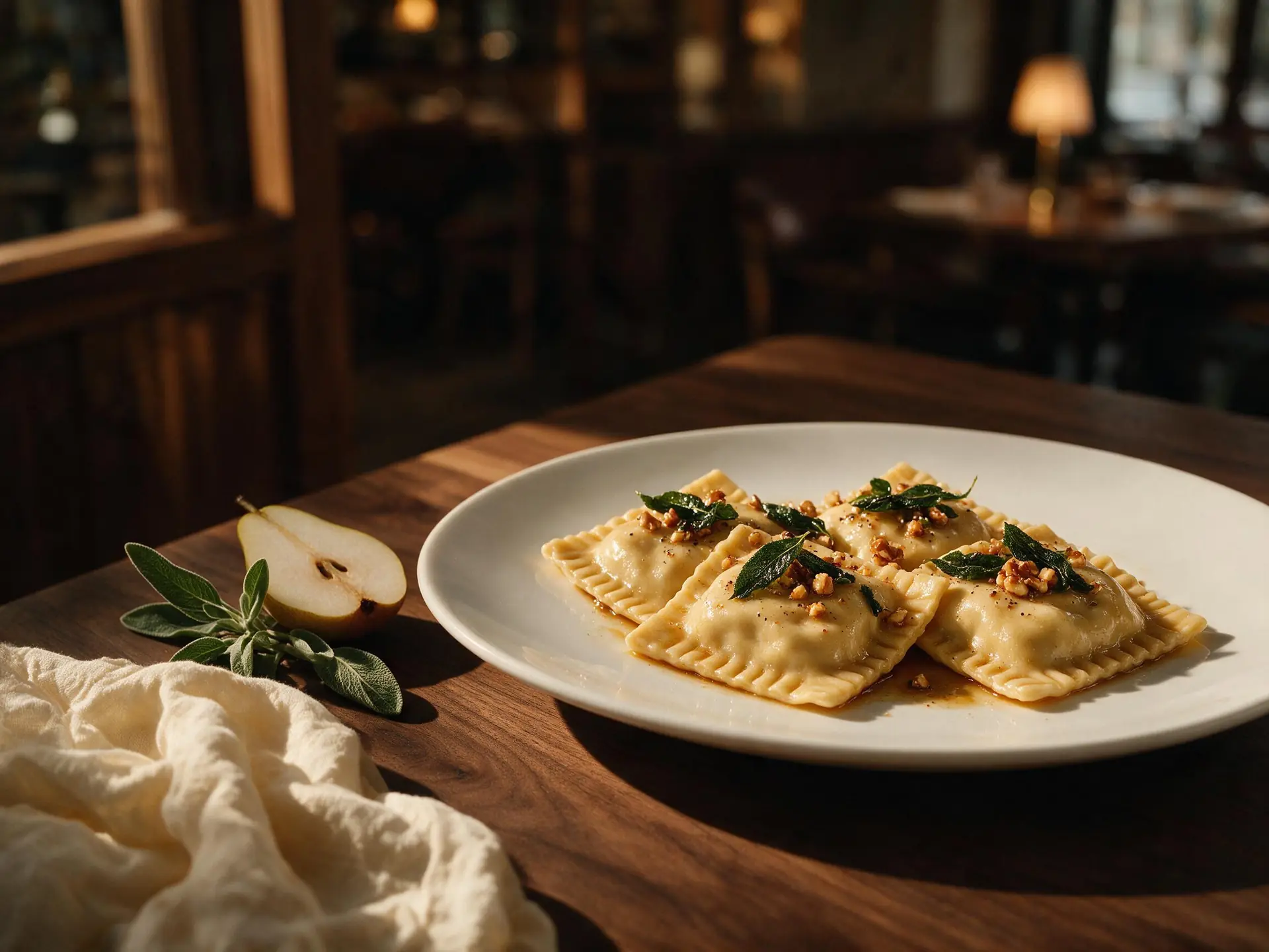 Super ravioloni de brie e pera, servido à mesa