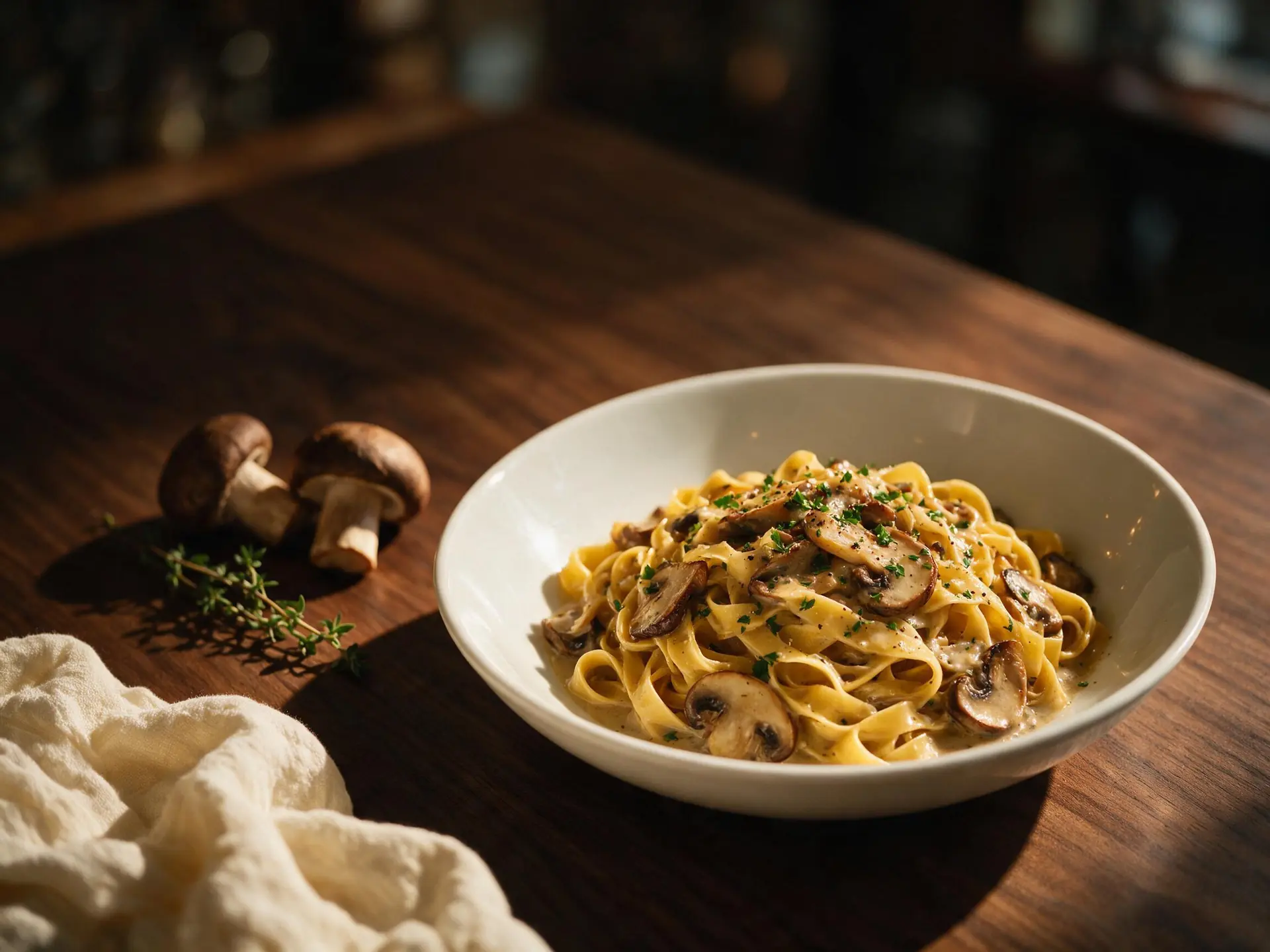 Tagliatelle ao funghi, servido à mesa